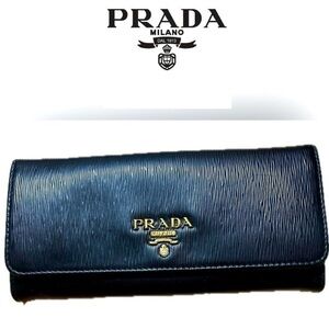 PRADA Milano Saffiano Leather Long Cont.Wallet, Blk/Gold Hardware no card case